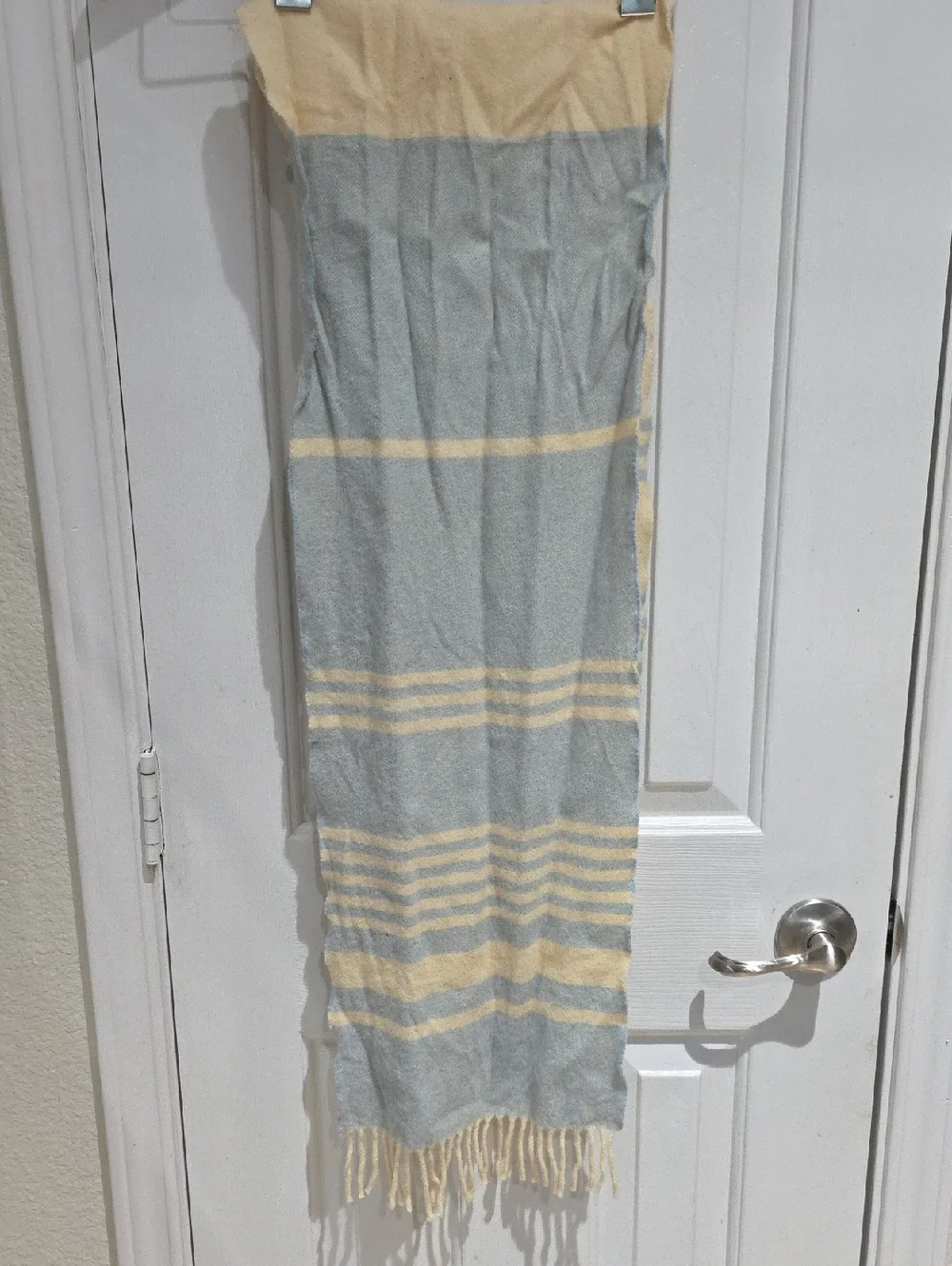 Christian Dior Vintage Wool Cream and Light Blue Striped Fringe Scarf One Size